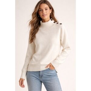 Anthropologie Ivory Mock Neck Sweater Button Shoulder Ribbed Knit Cream Small